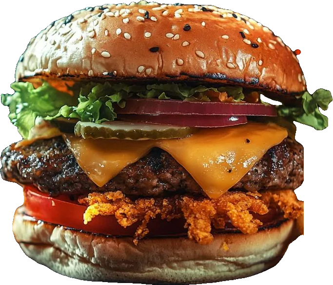 Burger Bigo Food : steak, cheddar fondu, oignon rouge, cornichon et oignons frits